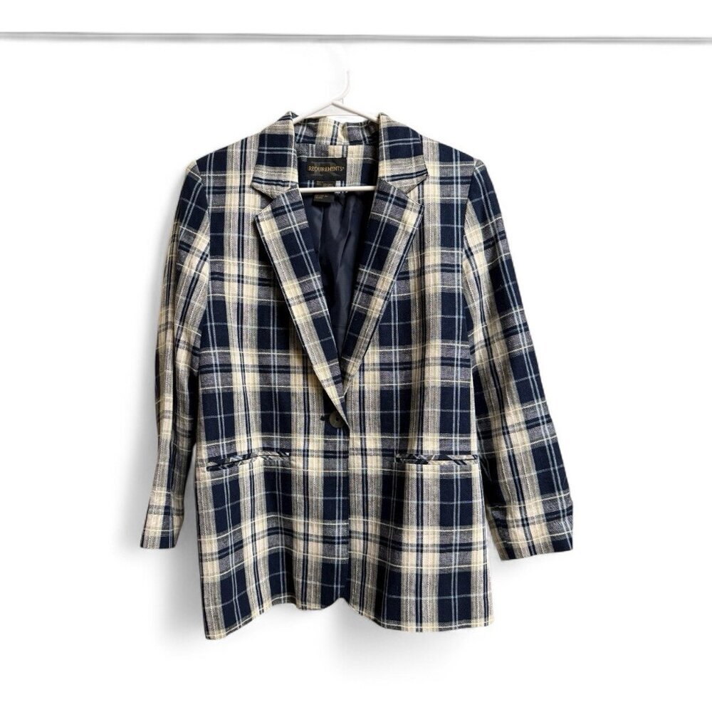 Requirements Linen Blend Plaid Blazer Jacket Women’s Size 8 Navy Cream